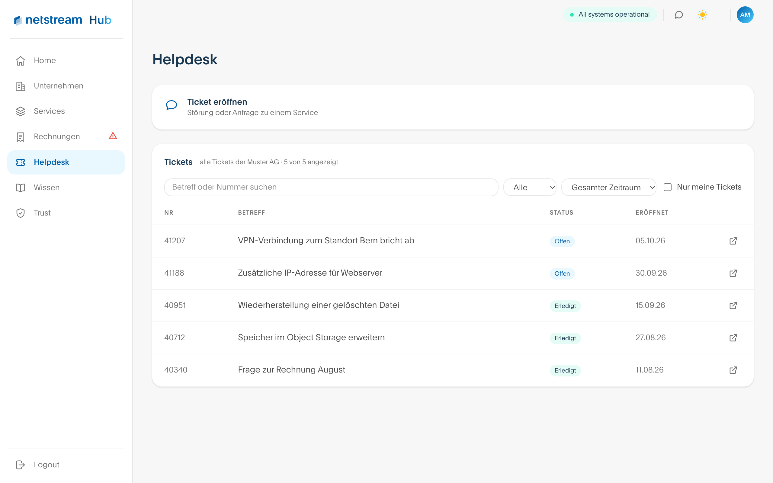 Seite Helpdesk mit Ticketliste