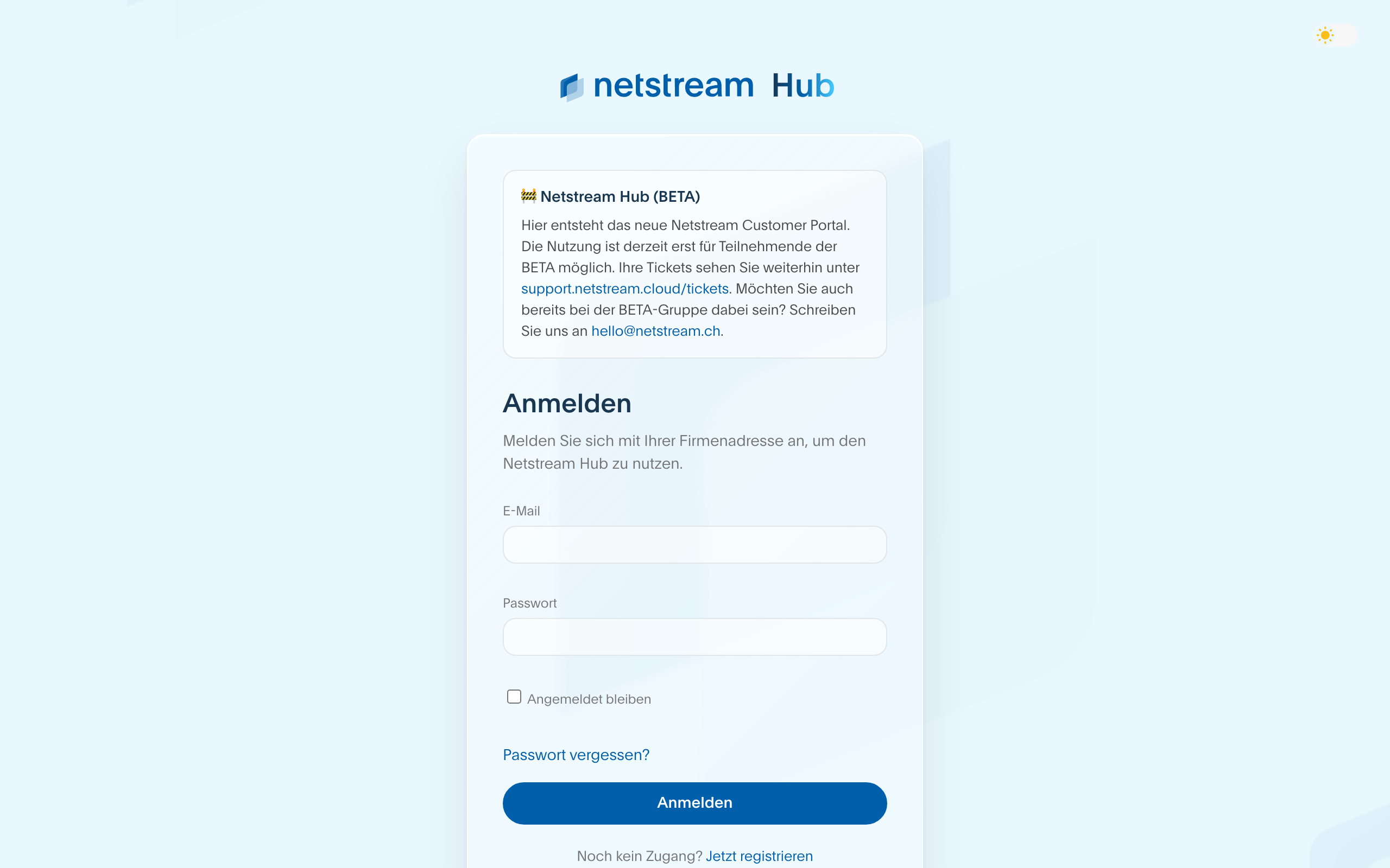 Anmeldeseite des Netstream Hub
